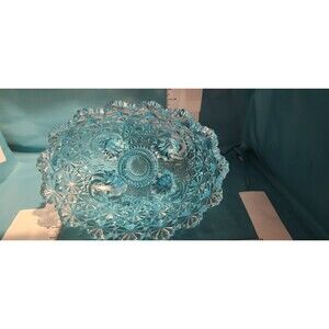 Vintage Blue Daisy & Button Pressed Glass Footed Bowl 3-Leg 6.5" Retro